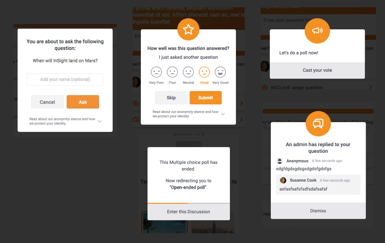 Some of the different variations of modal designs in the Web-app