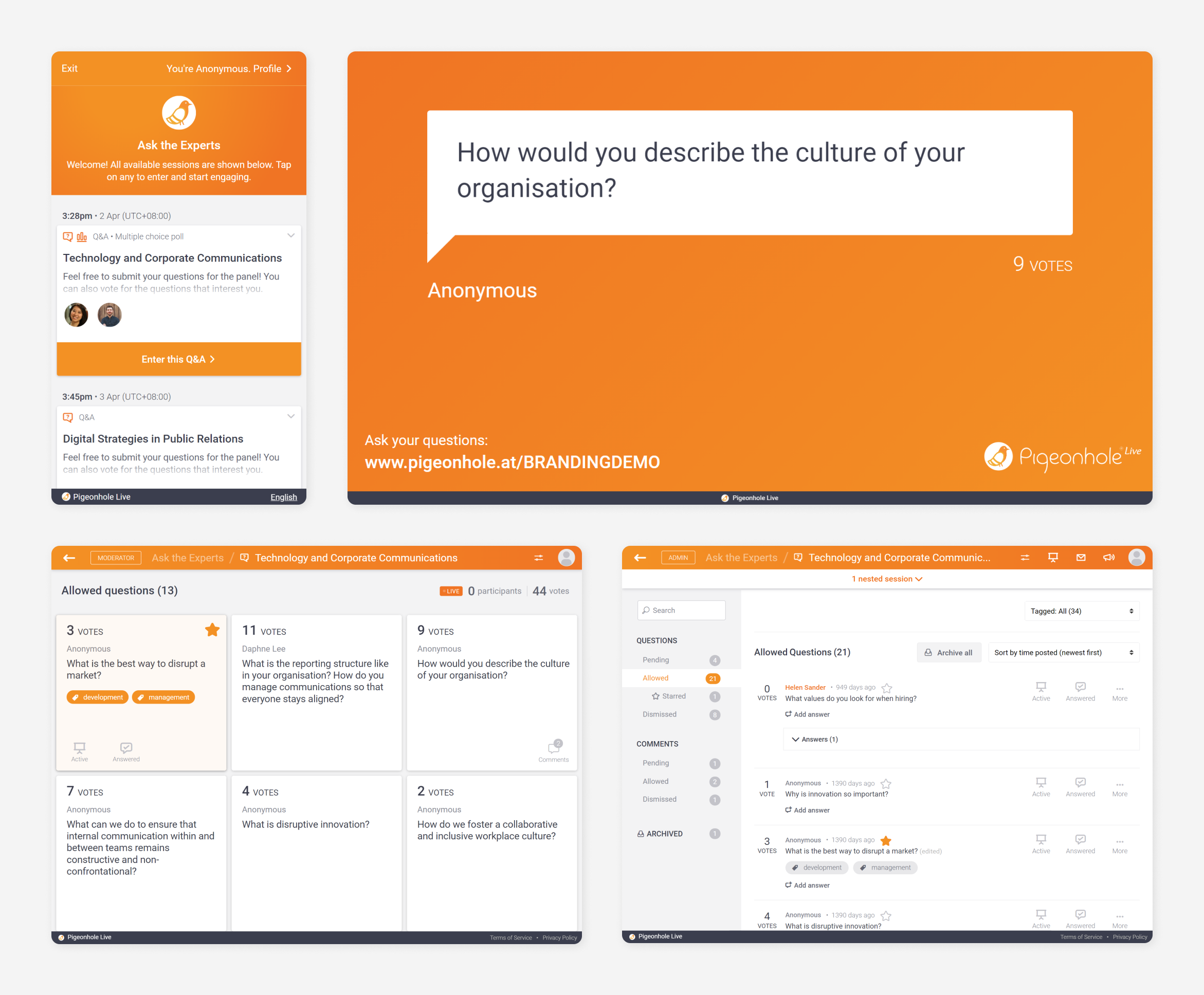 Pigeonhole Live interfaces branded in orange
